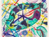 an abstract painting of a fish with many colors on it