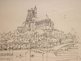 sketches of a drawing of a city with a bridge and a church