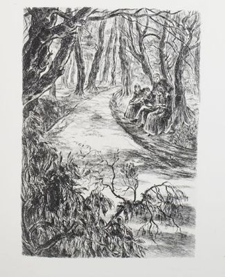 an image of a drawing of a man riding a horse down a path