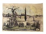 drawing of a tree in a field with a building in the background
