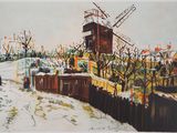 dessin représentant un tableau d'un moulin à vent par temps de neige