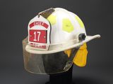 firefighters helmet with reflective visor and number 17 on it