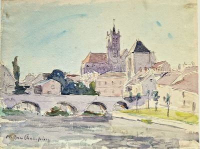 une aquarelle représentant une ville avec un pont