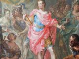 an image of a painting of a man standing in front of a crowd of people
