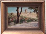 an oil painting of a road with a castle in the background