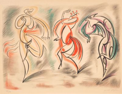 drawing of a group of people dancing in a line