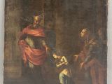 un vieux tableau représentant un homme tenant un enfant dans une pièce