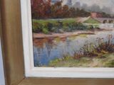 a painting of a river with a bridge in the background