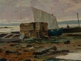 a painting of boats on the shore of the water