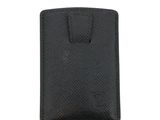 a close up of a black cell phone case on a white background