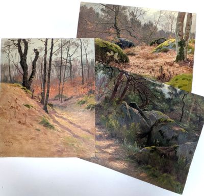 three paintings of a forest scene with trees, rocks, and rocks