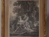 deux reproductions encadrées représentant une femme et un chien dans un décor boisé
