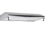 a close up of a stainless steel range hood with a white background