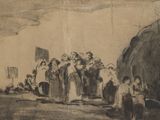 dessin d'un groupe de personnes devant un bâtiment