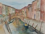 une aquarelle représentant un canal avec un bateau