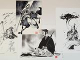 plusieurs photos en noir et blanc représentant un homme avec une épée et un cheval