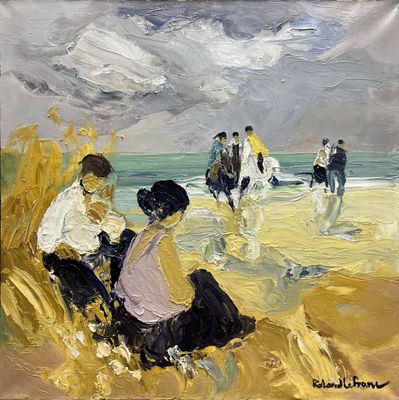 tableau représentant un groupe de personnes assises sur une plage au bord de la mer