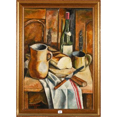 tableau représentant une nature morte avec du pain, du vin et un couteau