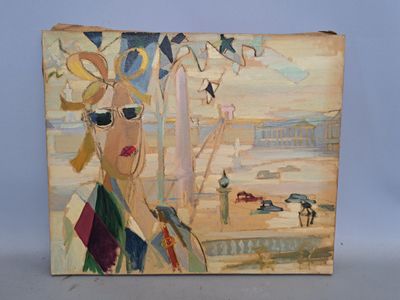 un tableau représentant une femme portant des lunettes de soleil sur une plage