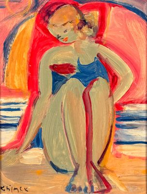 un tableau représentant une femme en maillot de bain assise sur une plage