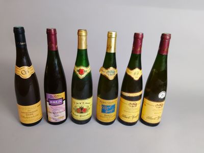 six bouteilles de vin sont alignées sur une table