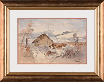 une image représentant un tableau d'une grange dans un paysage enneigé
