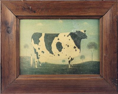 a painting of a cow that is in a wooden frame