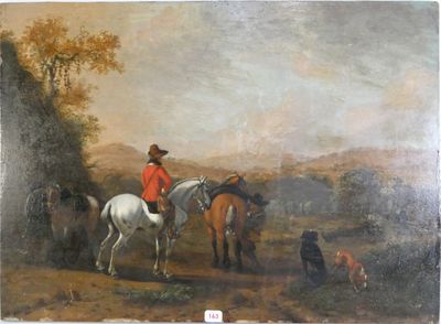 un tableau représentant un homme à cheval, entouré d'autres chevaux