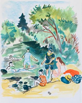 un dessin représentant un groupe de personnes jouant dans l'eau