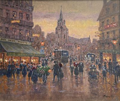 tableau représentant une rue animée de la ville la nuit, avec des passants marchant sur le trottoir