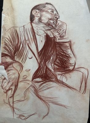 dessin représentant un homme en costume, assis sur une chaise, la main posée sur le menton