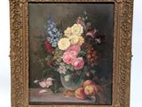 painting of a still life of flowers in a vase with peaches and grapes