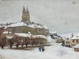 an image of a painting of a snowy town with a church in the background