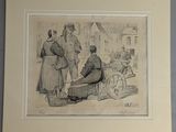 drawing of a man sitting in a wheel chair next to a group of people