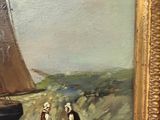 an oil painting of a sailboat and two people on a beach