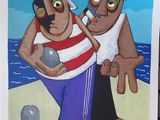 un tableau représentant deux personnes sur une plage avec un ballon