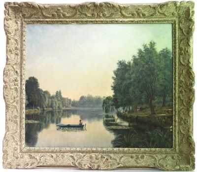 un tableau représentant un homme dans un bateau sur un lac
