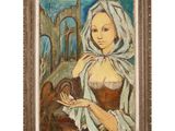 une peinture représentant une femme tenant un oiseau dans sa main