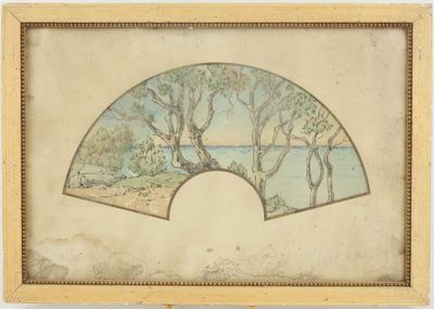 un tableau représentant un éventail avec des arbres et de l'eau en arrière-plan