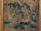 une tapisserie ancienne représentant une femme et deux hommes