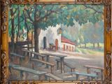 an oil painting of a church with benches and trees in the foreground