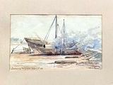 une image d'un tableau représentant un bateau sur la plage