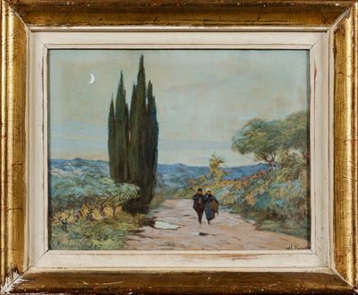 une peinture à l'huile représentant deux personnes marchant sur un chemin de terre