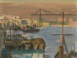 un tableau représentant des bateaux dans un port, avec un pont en arrière-plan