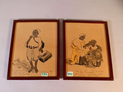 two framed drawings of a man and a woman sitting on a bench