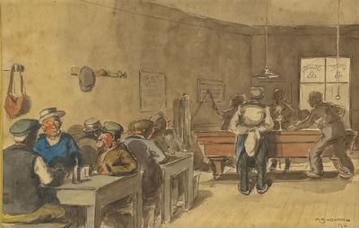 tableau représentant un groupe de personnes dans une pièce où se trouve une table de billard
