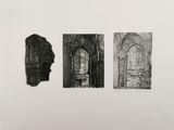 three black and white drawings of a window, a door, and a staircase