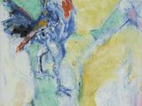 tableau représentant un coq dans un vase vert sur fond jaune