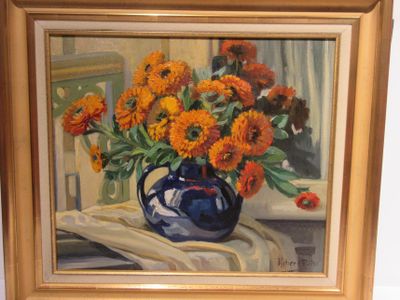 a painting of orange flowers in a blue vase on a table