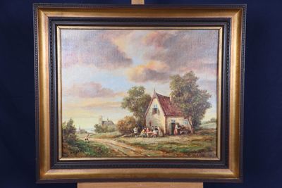 une peinture à l'huile d'une scène de ferme avec une voiture à cheval